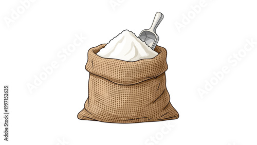 Jute sack filled with white flour and a metal scoop, symbolizing baking ingredients, cooking, food preparation, and organic products.