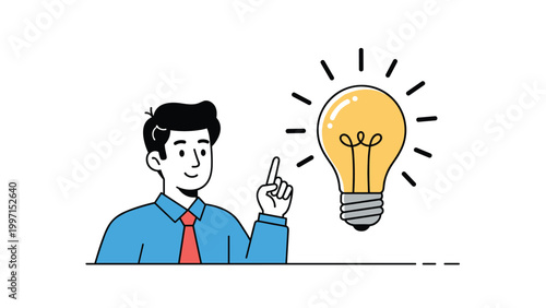 Man pointing to a bright lightbulb, symbolizing new ideas, problem-solving, creativity, and inspiration.