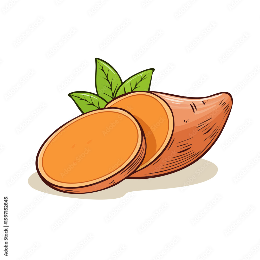 Obraz premium Illustration of a sliced sweet potato with leaves representing fresh produce and healthy eating