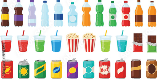 Collection of Soft Drinks, Sodas, Bottled Water, Juices, and Snacks with Popcorn, Chocolate, and Cans for Food and Beverage Concepts