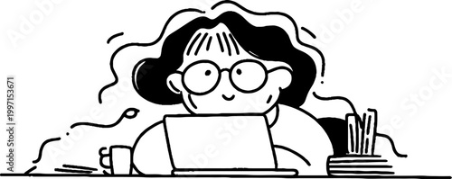 Person with glasses using laptop at desk home workspace