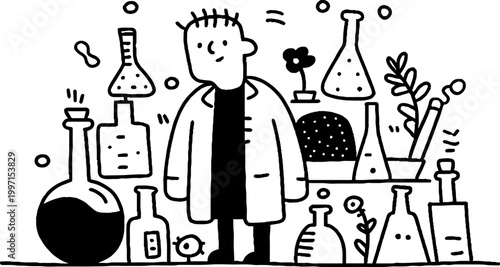 Scientist standing among laboratory glassware and equipment