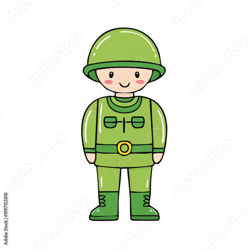 Cute cartoon green soldier standing ready for duty in a simple illustration