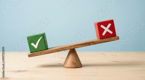 Balanced Choices: A wooden seesaw, delicately poised, bears the weight of contrasting decisions - a green check mark versus a red X.
