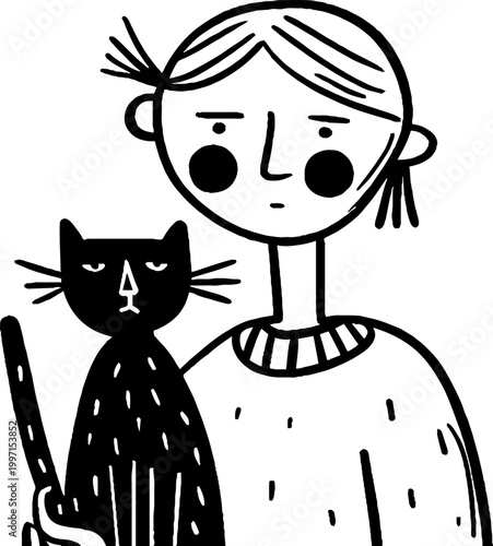 Girl holding black cat in simple portrait composition