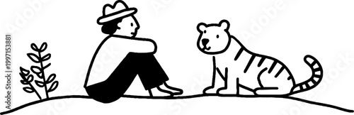 Person sitting facing tiger on hill in minimalist outdoor scene