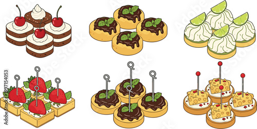 Assorted dessert and appetizer bites set featuring cupcakes tartlets cream pastries and canapes colorful bakery food vector illustration collection