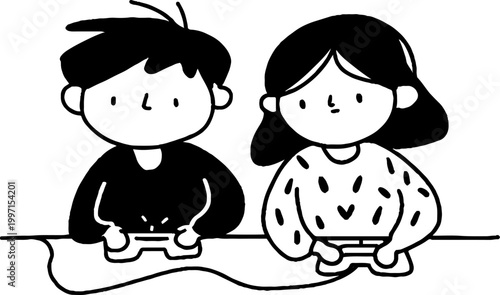 Boy and girl playing video game controllers at table