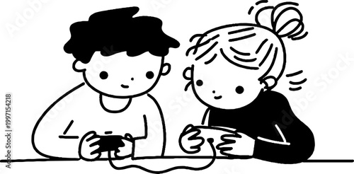Two children using handheld game controllers at table