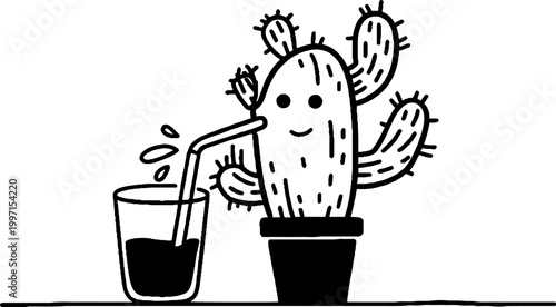 Potted cactus sipping drink with straw on table
