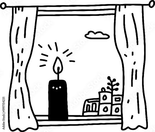 Single candle burning on windowsill framed by drawn curtains