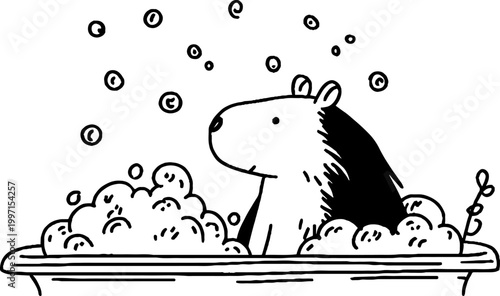 Capybara sitting amid bubbles in bathtub black white illustration