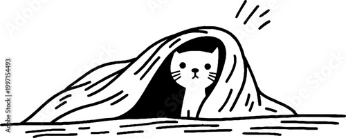 Cat peeking out from under blanket on flat surface in line drawing