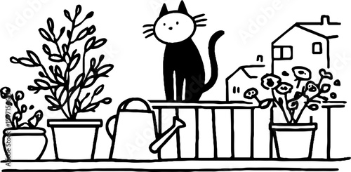 Cat sitting on railing among potted plants and houses
