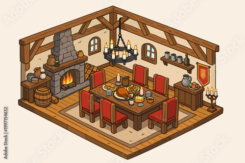 Isometric Medieval Dining Room Interior with Wooden Beams, Stone Fireplace, Red Chairs, and Chandelier. Hand Drawn Illustration of a Banquet Hall with Roasted Chicken, Wine, and Rustic Furniture.