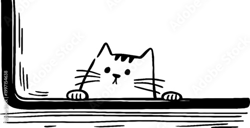 Cat peeking over ledge from low interior window opening