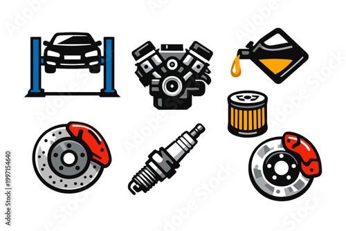 Vehicle Maintenance and Car Repair Service Icons Set Featuring Car Lift, Engine Block, Motor Oil Change, Oil Filter, Brake Disc with Caliper, and Spark Plug in Bold Graphic Vector Illustration Style