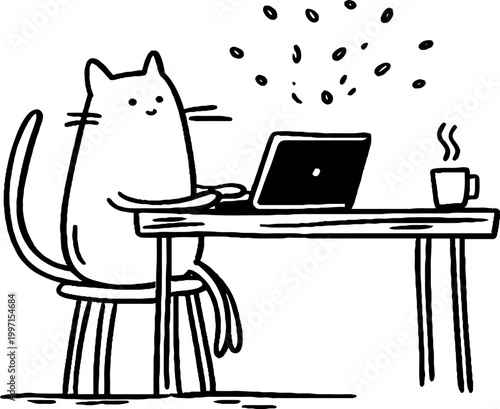 Cat typing on laptop at table with mug and floating bits