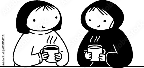 Two people drinking hot drinks while sitting at table