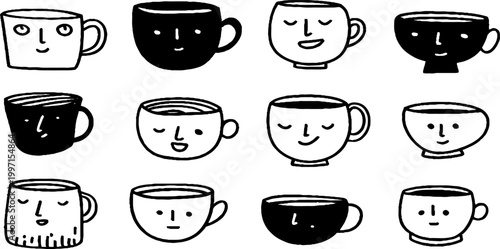 Grid of twelve face cups and mugs on white backdrop