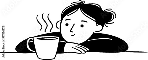 Woman leaning on arms and gazing at steaming cup on table