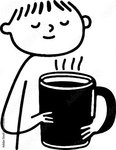 Childlike figure embracing oversized mug with closed eyes indoor