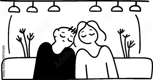 Couple leaning on each other on bench in cafe setting