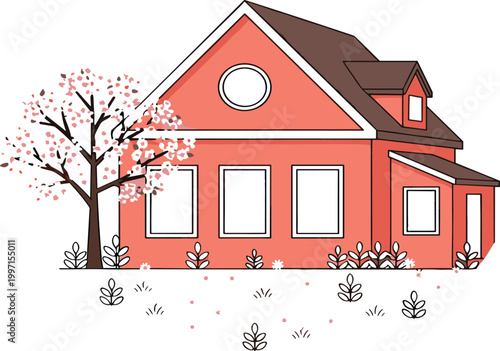 Modern suburban house with garden and blooming tree spring season residential home exterior architecture vector illustration
