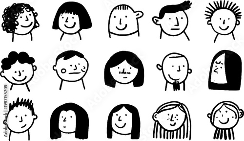 Multiple simple doodle faces arranged in grid on white background