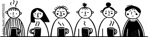 Row of doodle people drinking from mugs at counter on white background