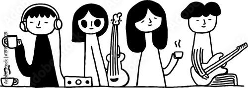 Group of doodle musicians holding instruments at table on white background