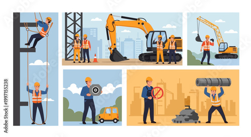 Construction workers with heavy machinery.