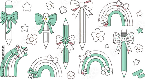 colorful pencils with bows and rainbow decorations