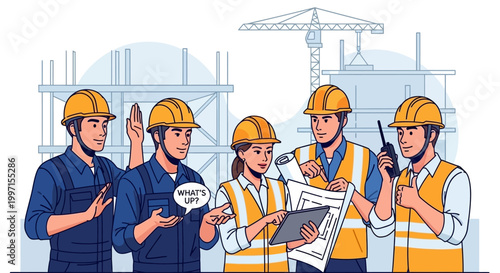 Construction workers in safety gear.