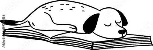 Dog resting asleep on closed book on tabletop surface