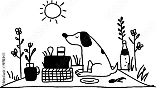 Dog sitting at picnic blanket enjoying sunny meadow picnic