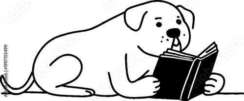 Dog lying down reading book on flat surface with white background