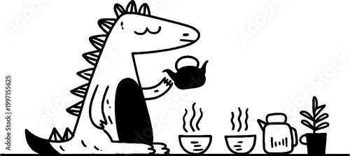Dinosaur character pouring tea at table with cups black white