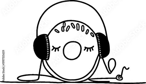 Donut character listening with wired headphones on floor