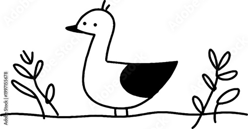 Duck standing among plants on shoreline line drawing
