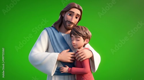 Jesus Hugging Child Comfort Hope Faith 3D Animation Green Screen Spiritual Care And Compassionate Support Scene