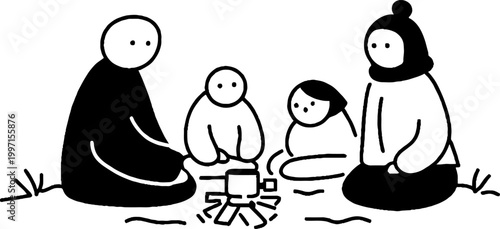 Family warming hands around small campfire on meadow