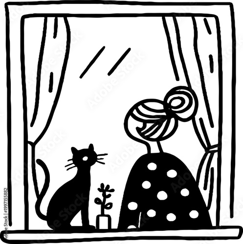 Woman with bun and cat sitting by window indoors looking outside