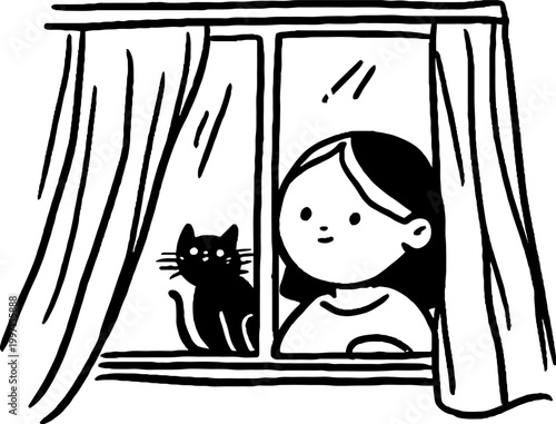 Young girl and cat looking out curtained window at home