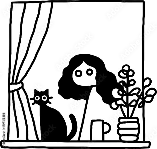 Woman with long hair and cat near plant on windowsill