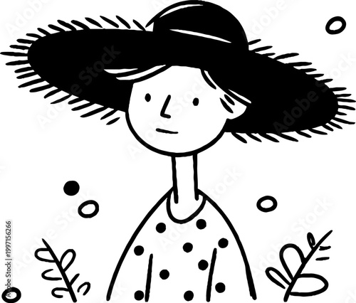 Individual with oversized hat gazing in dotted shirt outdoor