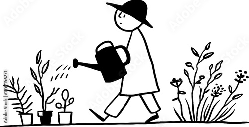Person watering potted plants while walking on garden bed
