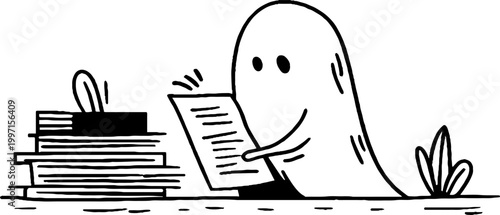 Ghost examining document beside stack of books on table