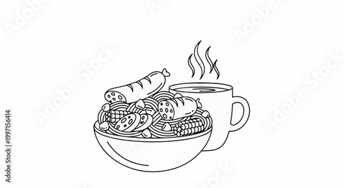 A simple line drawing of a hearty bowl of noodles topped with sausage slices and a steaming mug