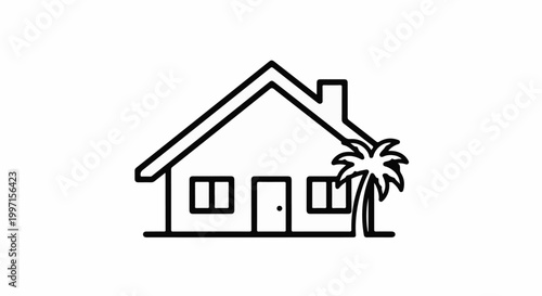 A simple line drawing of a house with a chimney and a palm tree